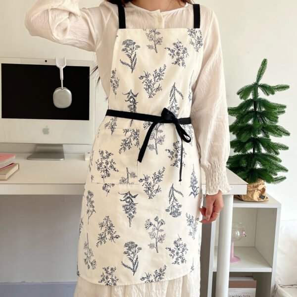 Simple Botanical Printed Cotton Canvas Cross Tie Apron