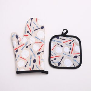 Colorful Kitchen Utensils Printed Oven Mitts and Pan Mats Set